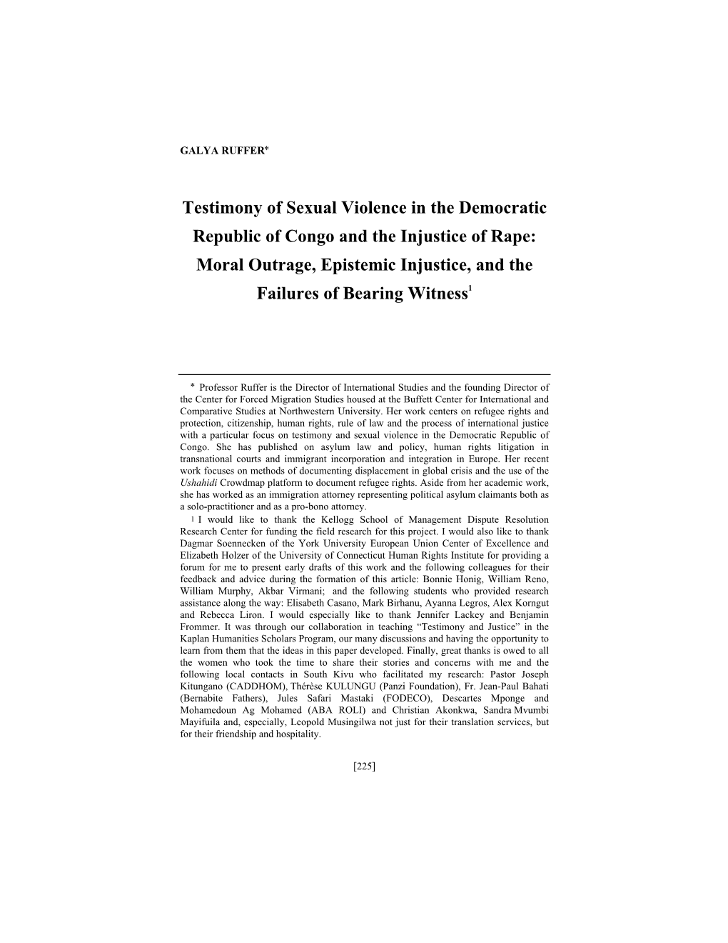 Testimony of Sexual Violence in the Democratic Republic of Congo and the Injustice of Rape: Moral Outrage, Epistemic Injustice, and the Failures of Bearing Witness1