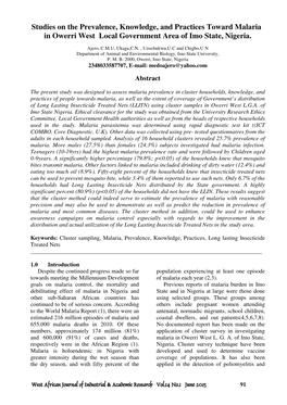 Studies on the Prevalence, Knowledge, and Practices Toward Malaria in Owerri West Local Government Area of Imo State, Nigeria