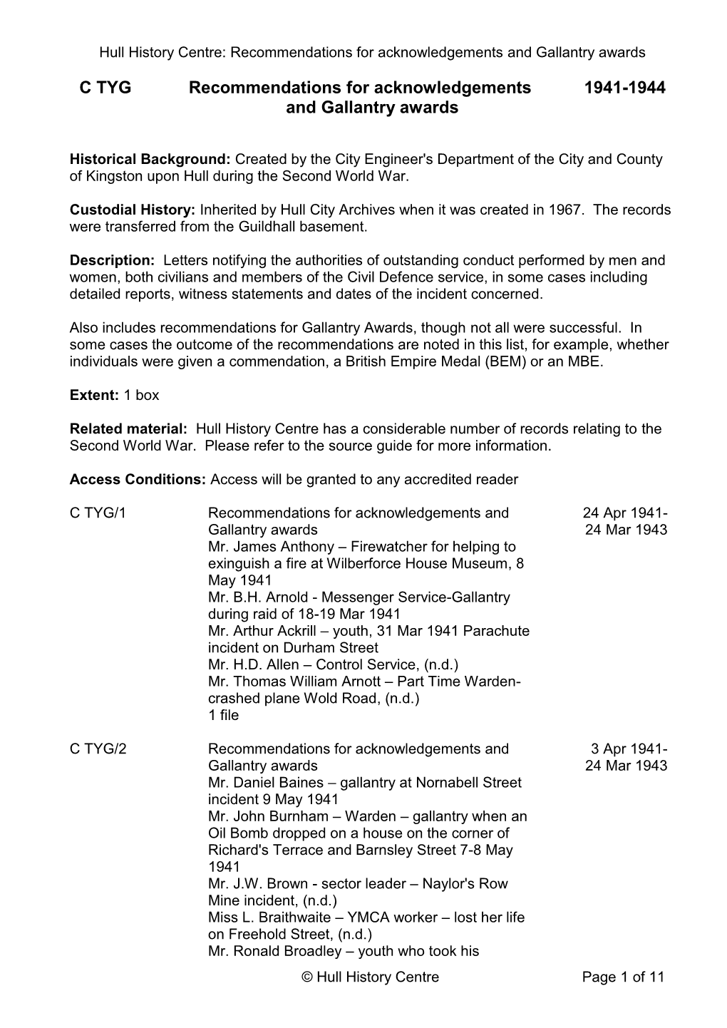 C TYG Recommendations for Acknowledgements 1941-1944 and Gallantry Awards