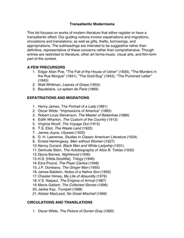 Transatlantic Modernisms This List Focuses on Works of Modern