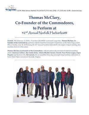 Thomas Mcclary, Co-Founder of the Commodores, to Perform at 42 Nd