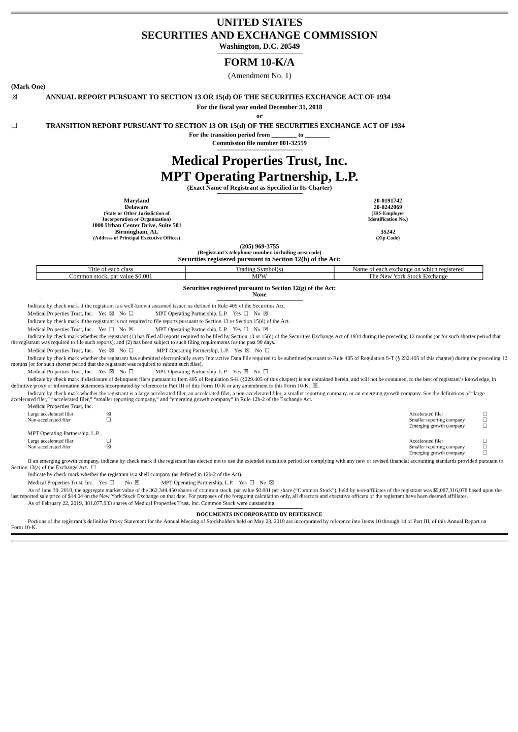 Medical Properties Trust, Inc. MPT Operating Partnership, L.P. (Exact Name of Registrant As Specified in Its Charter)