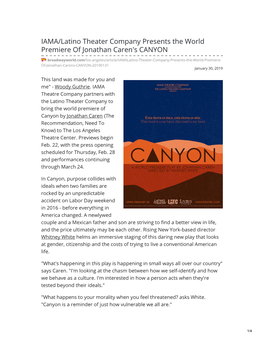 IAMA/Latino Theater Company Presents the World Premiere of Jonathan Caren's CANYON
