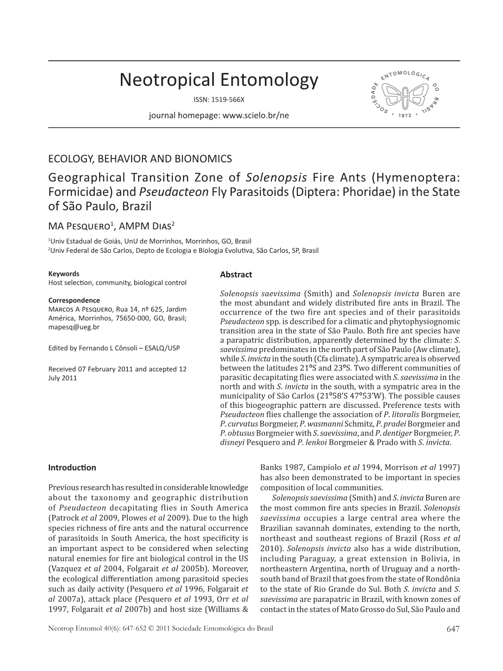 Neotropical Entomology ISSN: 1519-566X Journal Homepage