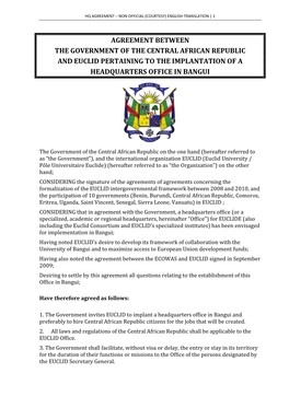 Agreement Between the Government of the Central African Republic and Euclid Pertaining to the Implantation of a Headquarters Office in Bangui