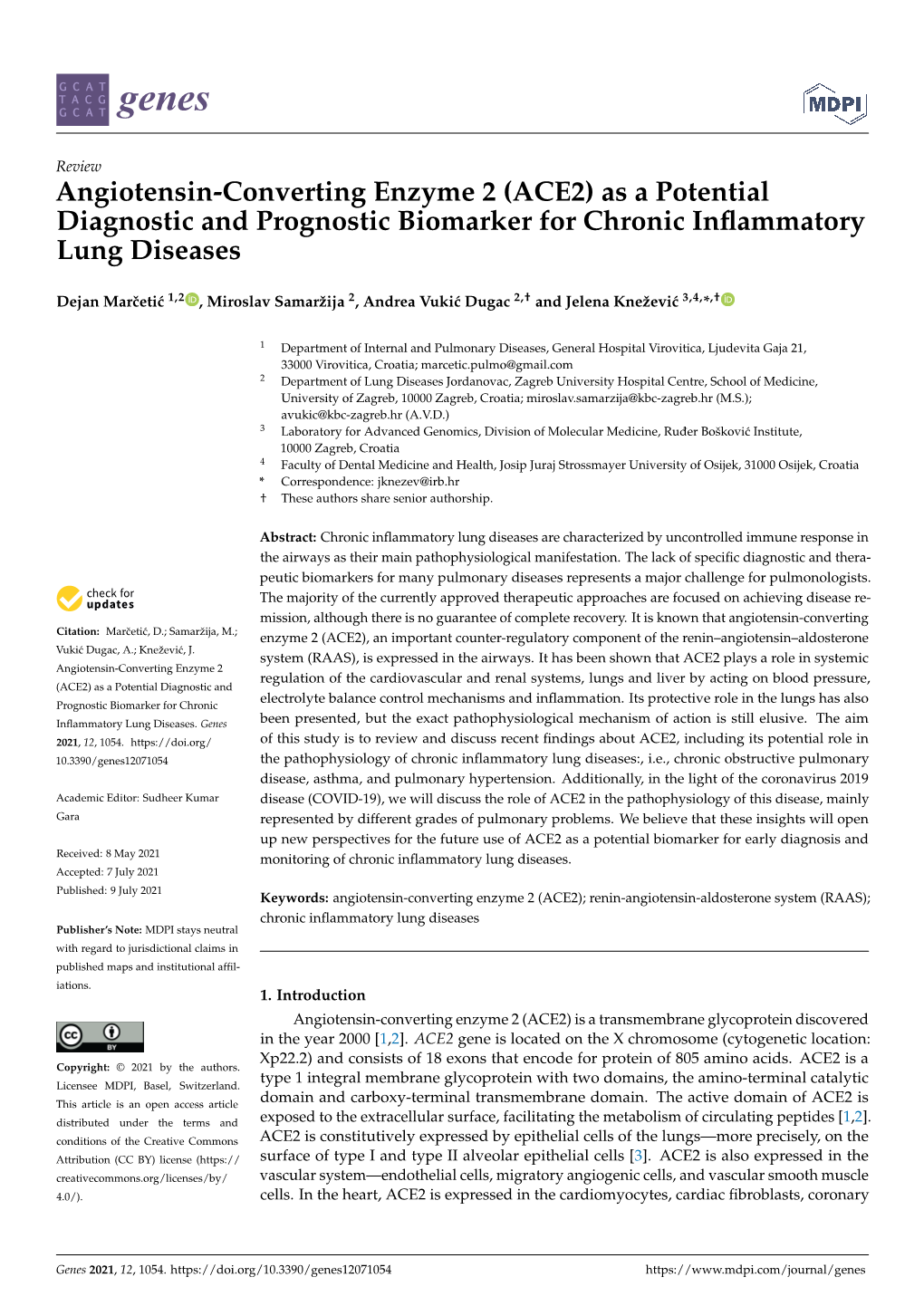 Angiotensin-Converting Enzyme 2 (ACE2) As a Potential Diagnostic and Prognostic Biomarker for Chronic Inﬂammatory Lung Diseases