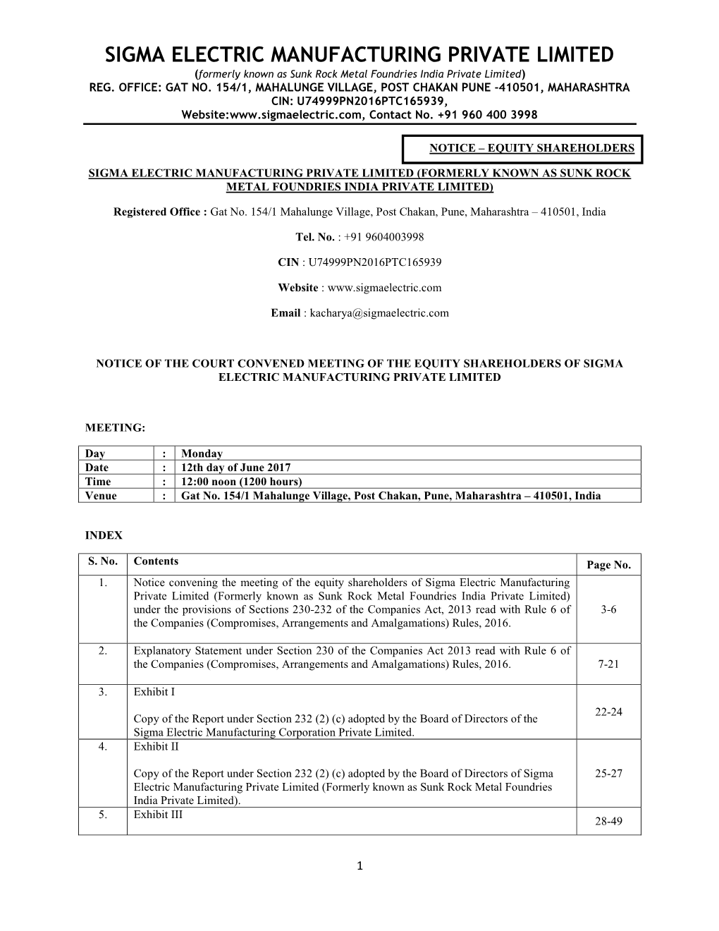 Notice of the Court Convened Meeting of Equity Shareholders of Sigma