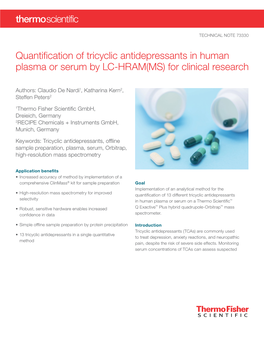 Quantification of Tricyclic Antidepressants in Human Plasma Or Serum by LC-HRAM(MS) for Clinical Research
