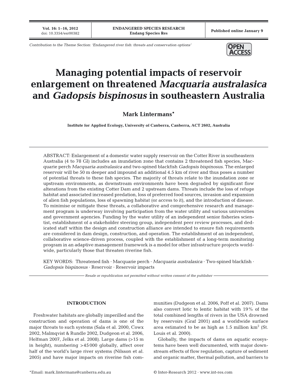 Managing Potential Impacts of Reservoir Enlargement on Threatened Macquaria Australasica and Gadopsis Bispinosus in Southeastern Australia