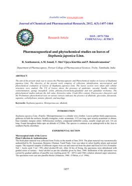 Pharmacognostical and Phytochemical Studies on Leaves of Stephania Japonica Linn