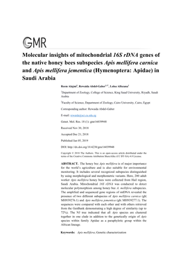 Molecular Insights of Mitochondrial 16S Rdna Genes of the Native Honey Bees Subspecies Apis Mellifera Carnica and Apis Mellifera Jementica (Hymenoptera: Apidae) In