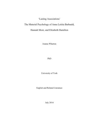 The Material Psychology of Anna Letitia Barbauld, Hannah More, And