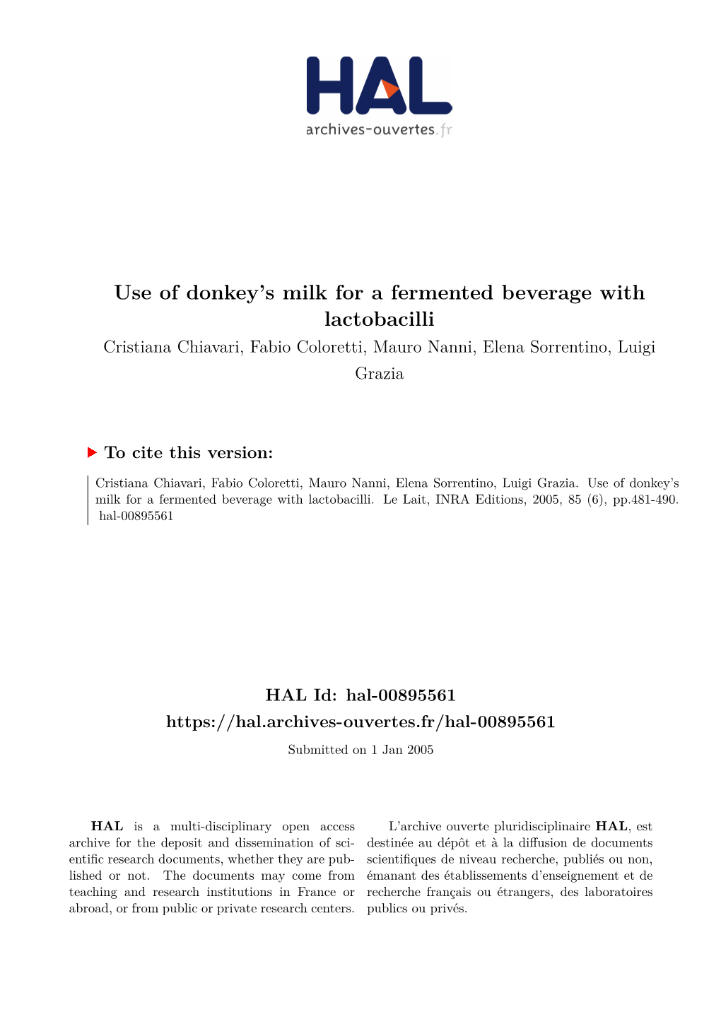 Use of Donkey's Milk for a Fermented Beverage with Lactobacilli