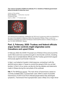 Part. 2, February, 2020: Trudeau and Federal Officials Argue Border Controls Might Stigmatize Some Canadians and Upset China