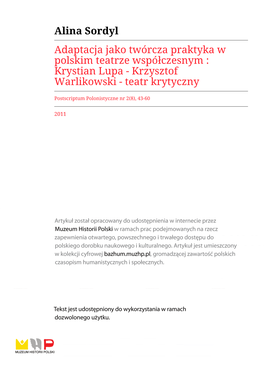 Alina Sordyl Adaptacja Jako Twórcza Praktyka W Polskim Teatrze Współczesnym : Krystian Lupa - Krzysztof Warlikowski - Teatr Krytyczny