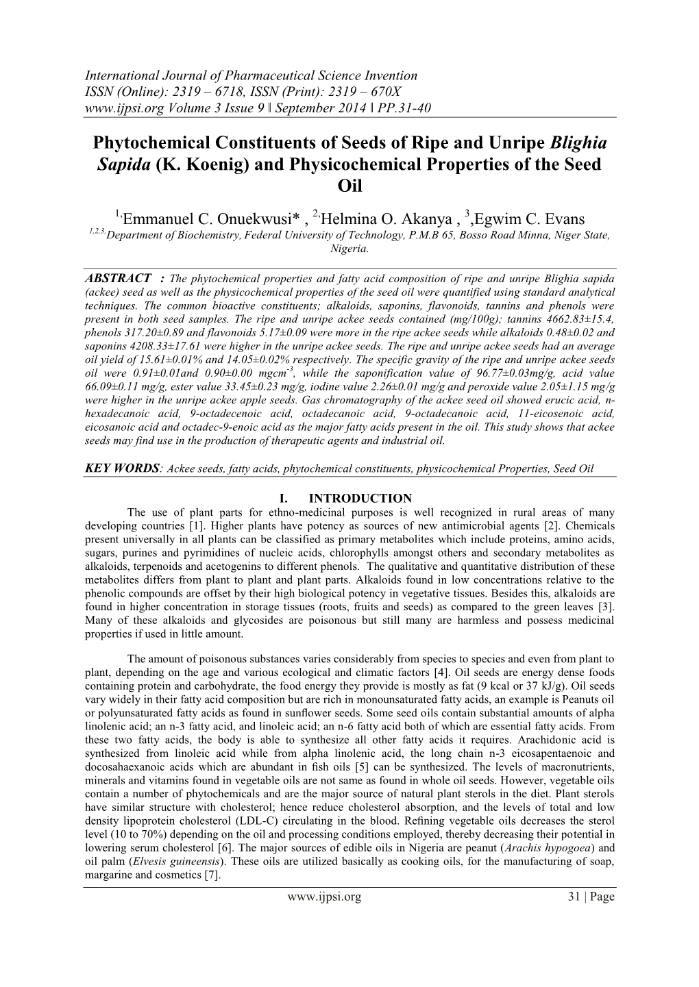 Phytochemical Constituents of Seeds of Ripe and Unripe Blighia Sapida (K