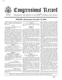 Congressional Record United States Th of America PROCEEDINGS and DEBATES of the 111 CONGRESS, FIRST SESSION