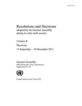 Resolutions and Decisions Adopted by the General Assembly During Its Sixty-Sixth Session