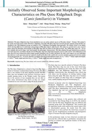 Initially Observed Some Important Morphological Characteristics on Phu Quoc Ridgeback Dogs (Canis Familiaris) in Vietnam