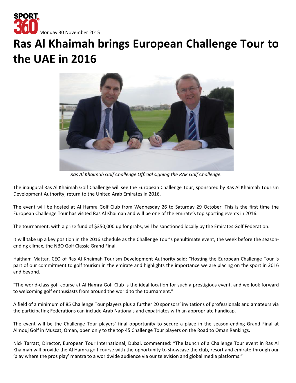 Ras Al Khaimah Brings European Challenge Tour to the UAE in 2016