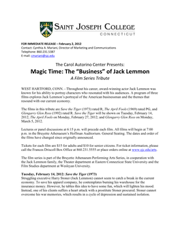 The Carol Autorino Center Presents: Magic Time: the “Business” of Jack Lemmon, a Film Series Tribute