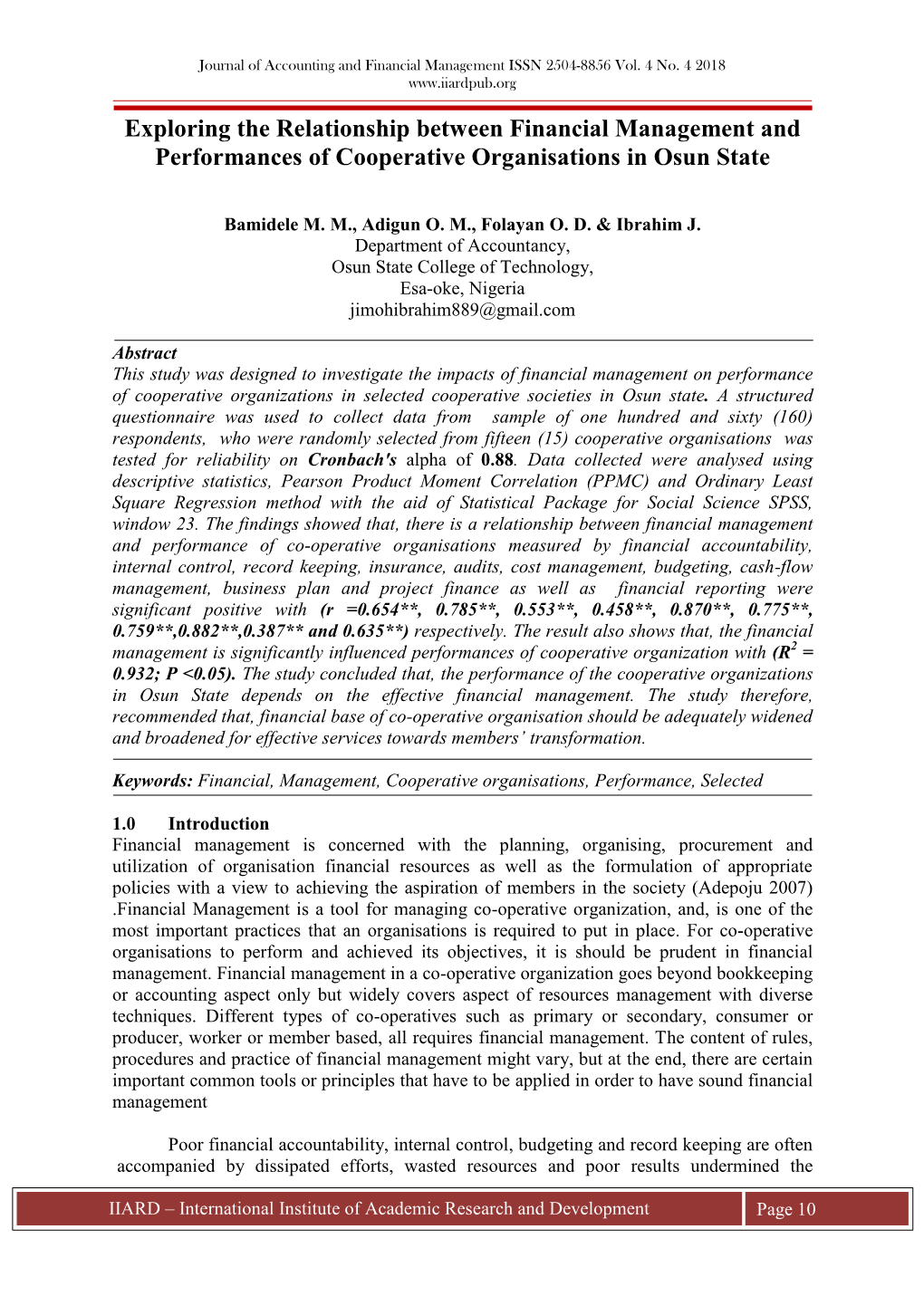 Exploring the Relationship Between Financial Management and Performances of Cooperative Organisations in Osun State