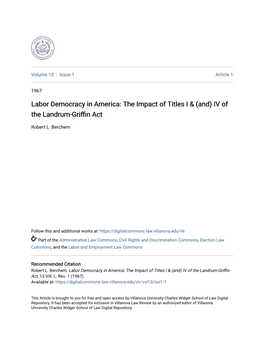 Labor Democracy in America: the Impact of Titles I & (And) IV of the Landrum-Griffin
