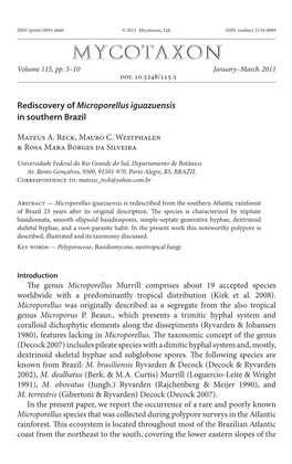 Rediscovery of &lt;I&gt;Microporellus Iguazuensis&lt;/I&gt; in Southern Brazil