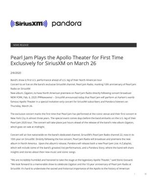 Pearl Jam Plays the Apollo Theater for First Time Exclusively for Siriusxm on March 26