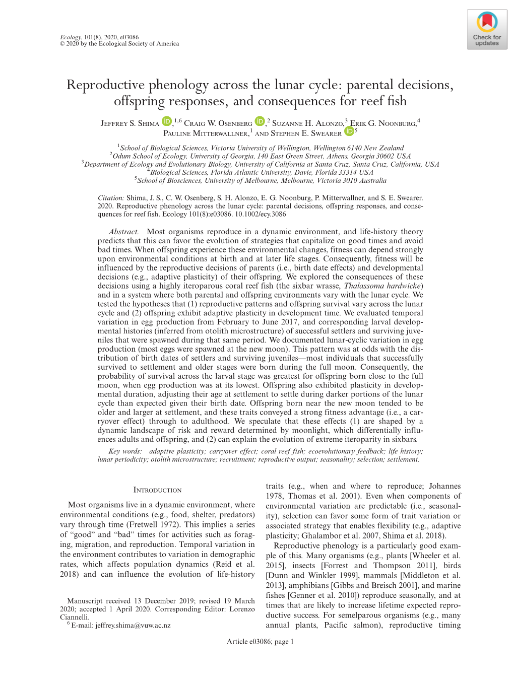 Reproductive Phenology Across the Lunar Cycle: Parental Decisions, Offspring Responses, and Consequences for Reef ﬁsh