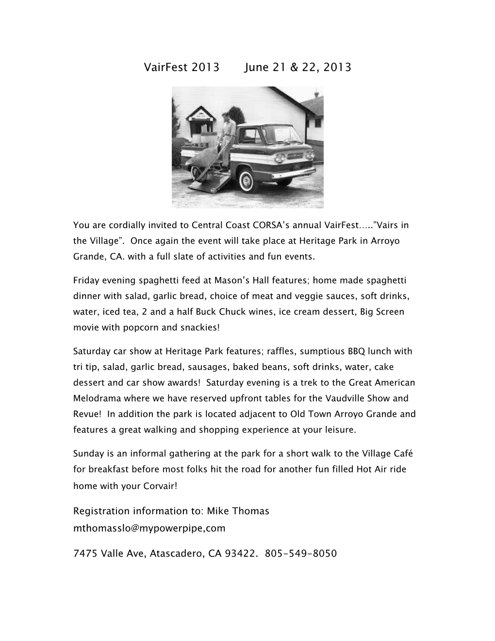 You Are Cordially Invited to Central Coast CORSA S Annual Vairfest Vairs in the Village