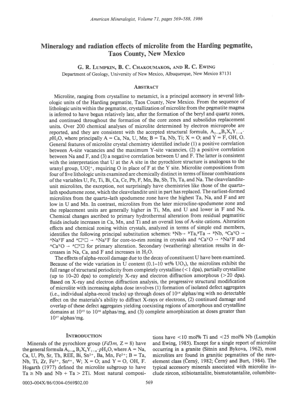 Mineralogy and Radiation Effects of Microlite from the Harding Pegmatite' Taos County, New Mexico