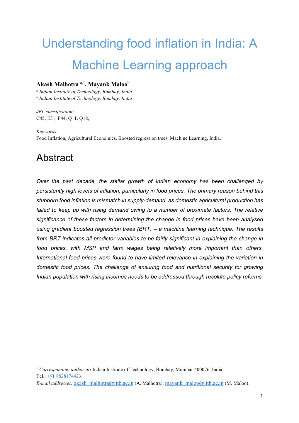 Understanding Food Inflation in India: a Machine Learning Approach