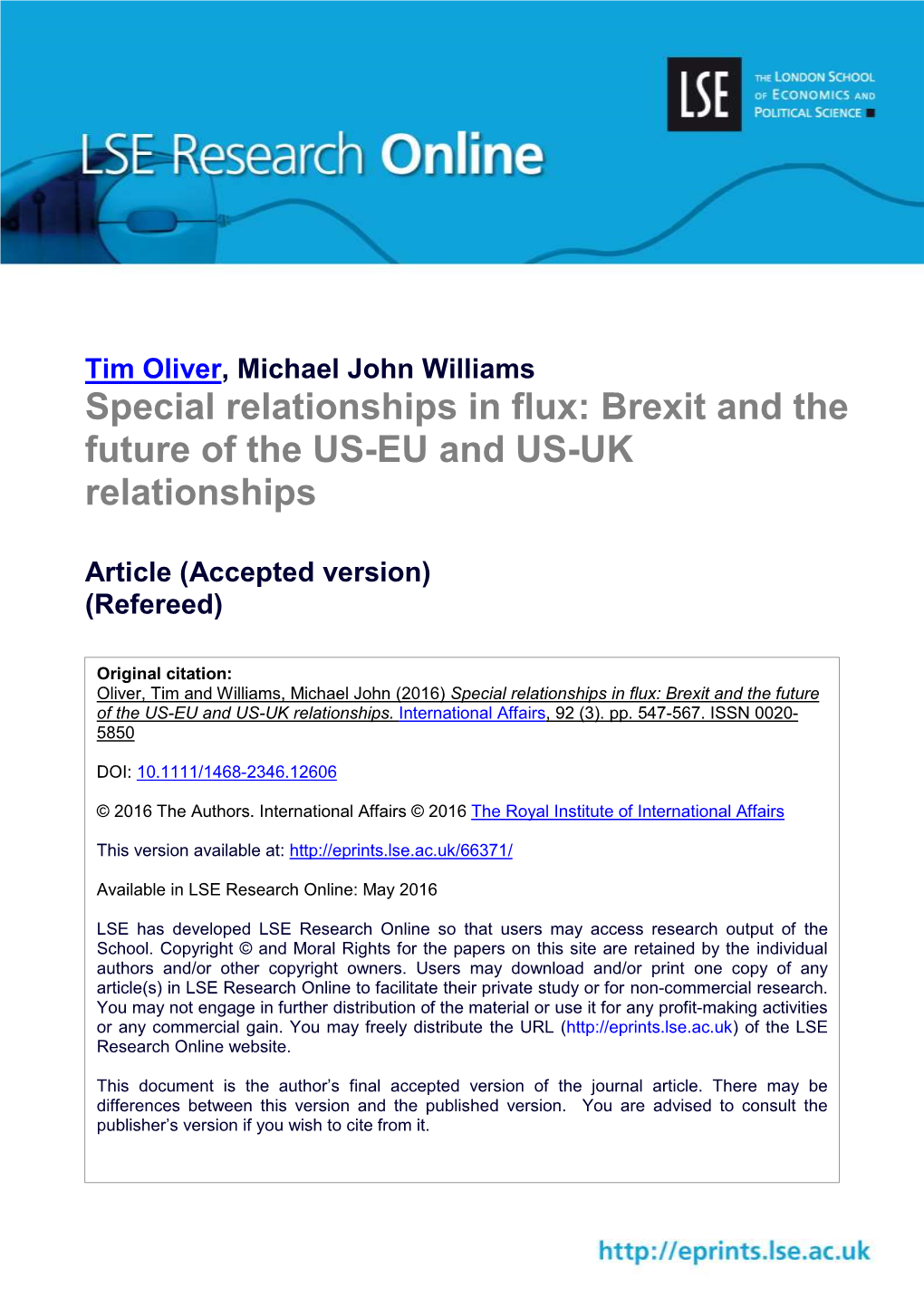 Special Relationships in Flux: Brexit and the Future of the US-EU and US-UK Relationships
