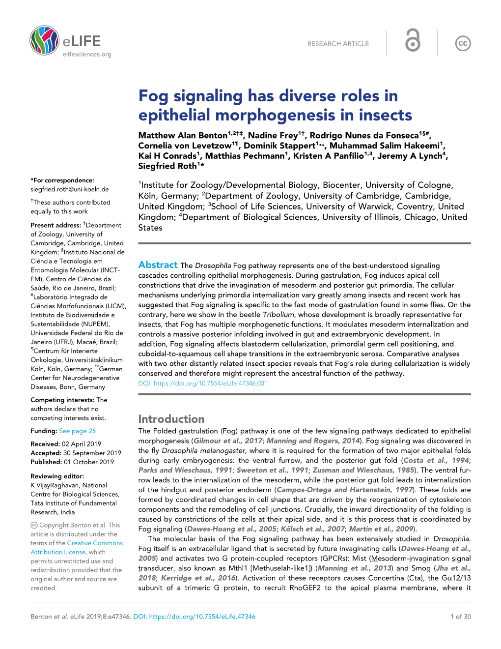 Fog Signaling Has Diverse Roles in Epithelial Morphogenesis in Insects