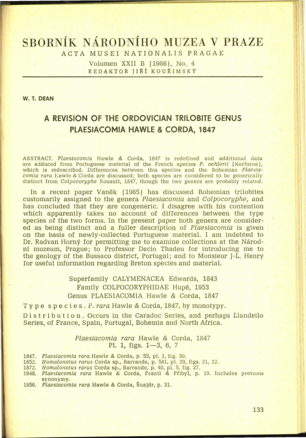 SBORNÍI( NÁRODNÍHO MUZEA V PRAZE ACTA MUSEI NATIONALIS PRAGAE Volumen XXII B (1966), No