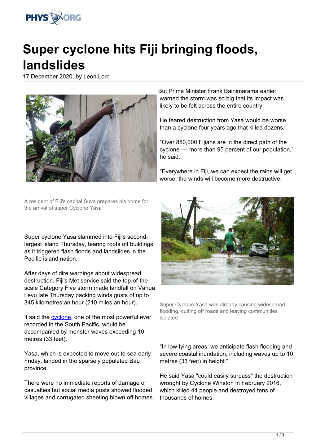 Super Cyclone Hits Fiji Bringing Floods, Landslides 17 December 2020, by Leon Lord