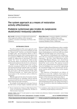 The System Approach As a Means of Restoration Activity Effectiveness Podejście Systemowe Jako Środek Do Zwiększenie Skuteczności Restauracji Zabytków