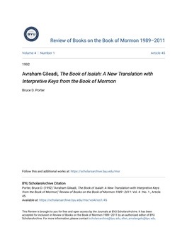 Avraham Gileadi, the Book of Isaiah: a New Translation with Interpretive Keys from the Book of Mormon
