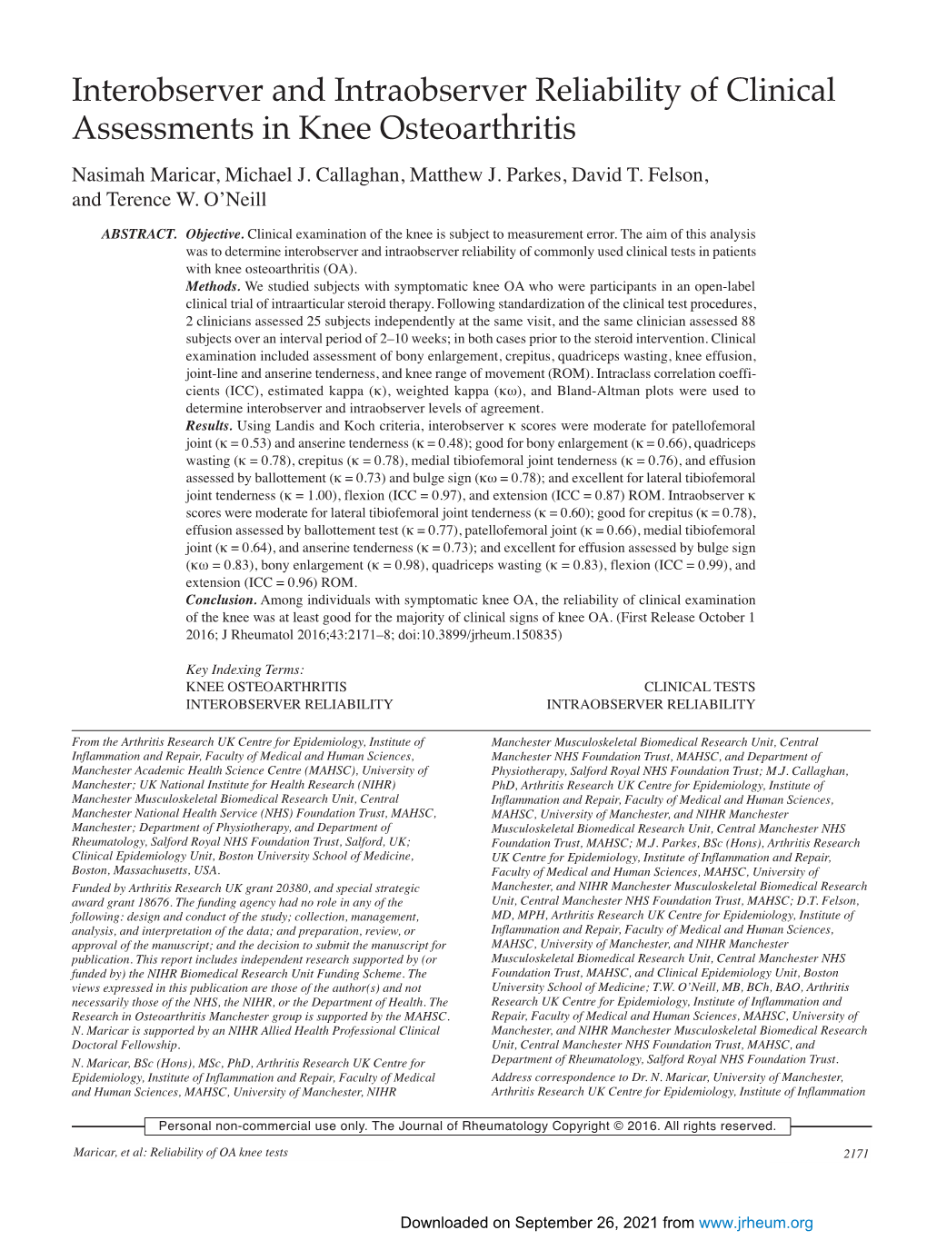 Interobserver and Intraobserver Reliability of Clinical Assessments in Knee Osteoarthritis