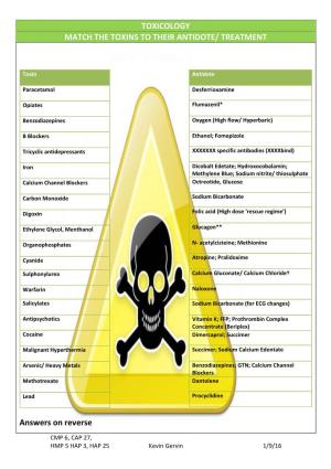 Toxicology Match the Toxins to Their Antidote/ Treatment
