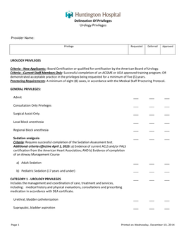 Delineation of Privileges Urology Privileges Provider Name