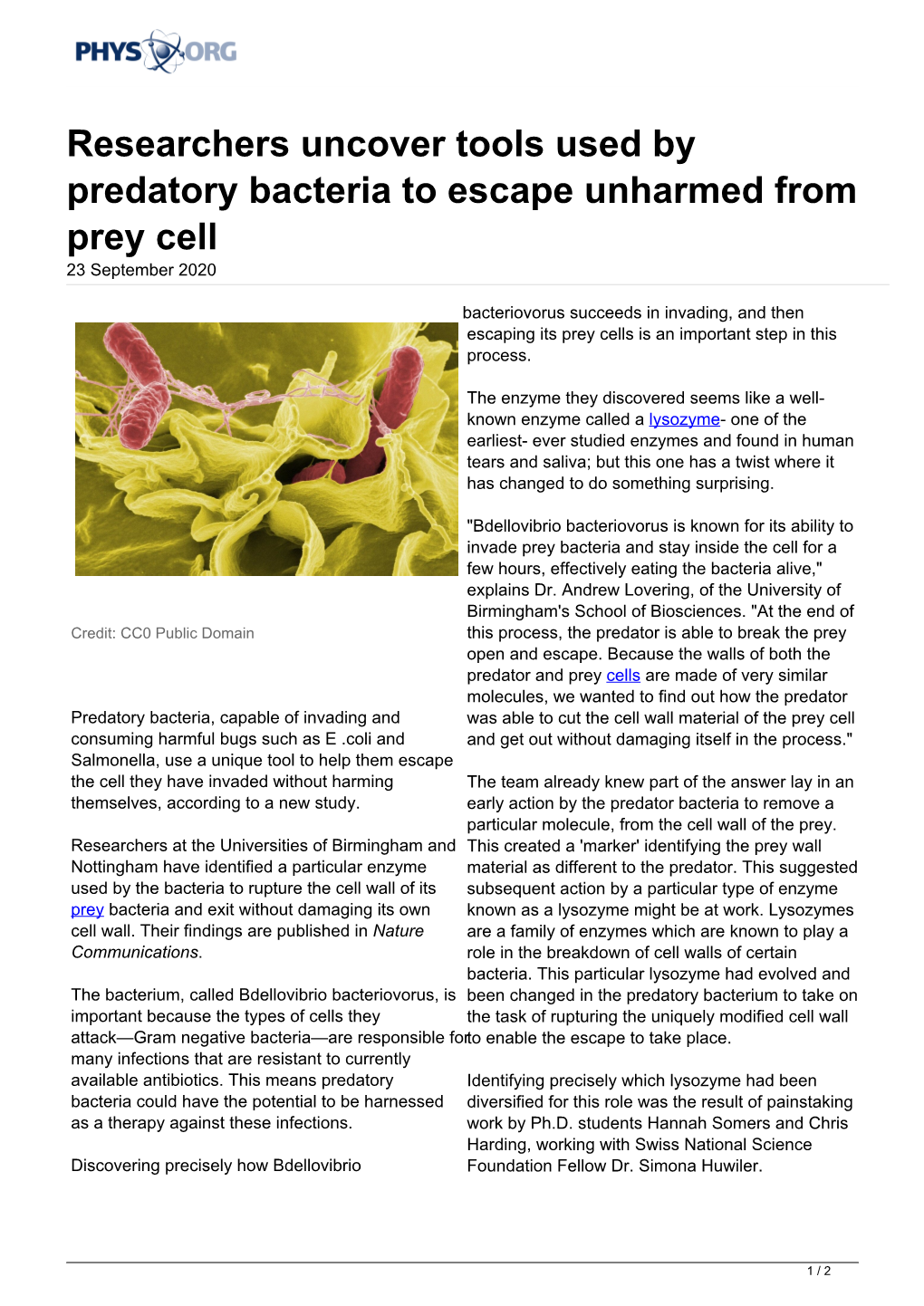 Researchers Uncover Tools Used by Predatory Bacteria to Escape Unharmed from Prey Cell 23 September 2020