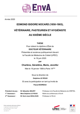 Edmond Isidore Nocard (1850-1903), Vétérinaire, Pasteurien Et Hygiéniste Au Xixème Siècle