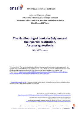 The Nazi Looting of Books in Belgium and Their Partial Restitution. a Status Quaestionis