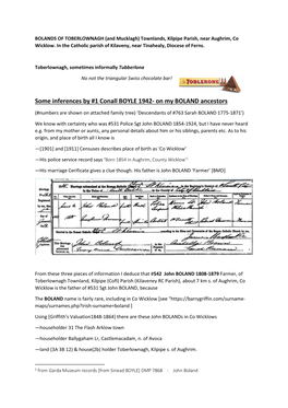 Some Inferences by #1 Conall BOYLE 1942- on My BOLAND Ancestors