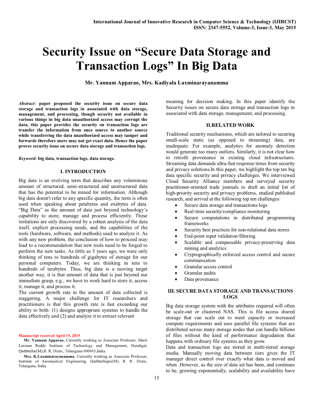 “Secure Data Storage and Transaction Logs” in Big Data