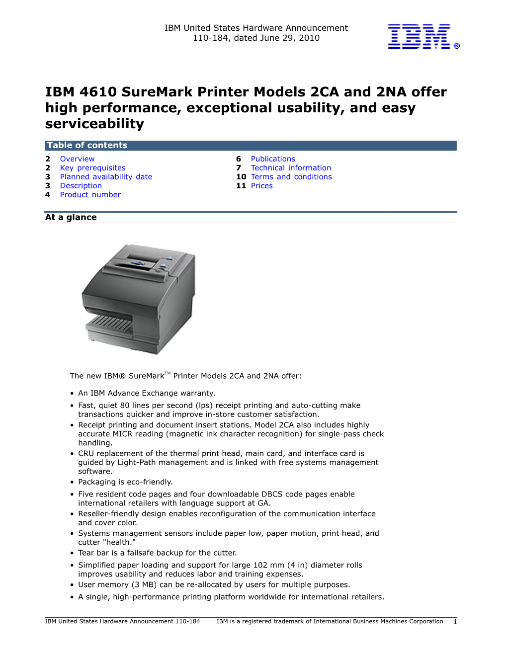 IBM 4610 Suremark Printer Models 2CA and 2NA Offer High Performance, Exceptional Usability, and Easy Serviceability