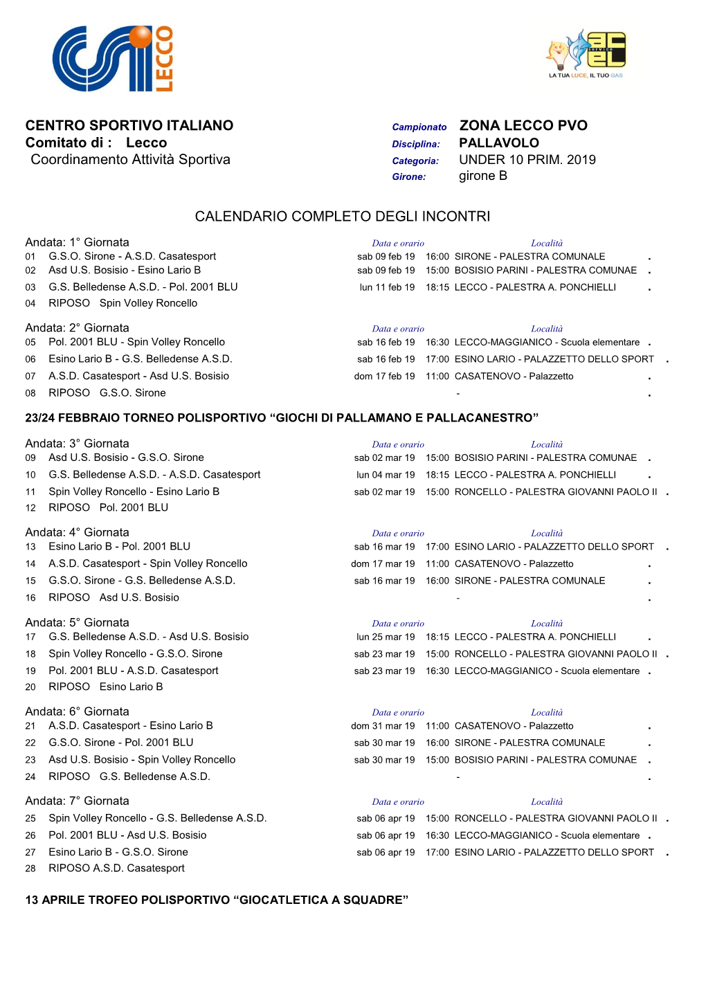 CENTRO SPORTIVO ITALIANO ZONA LECCO PVO Comitato Di