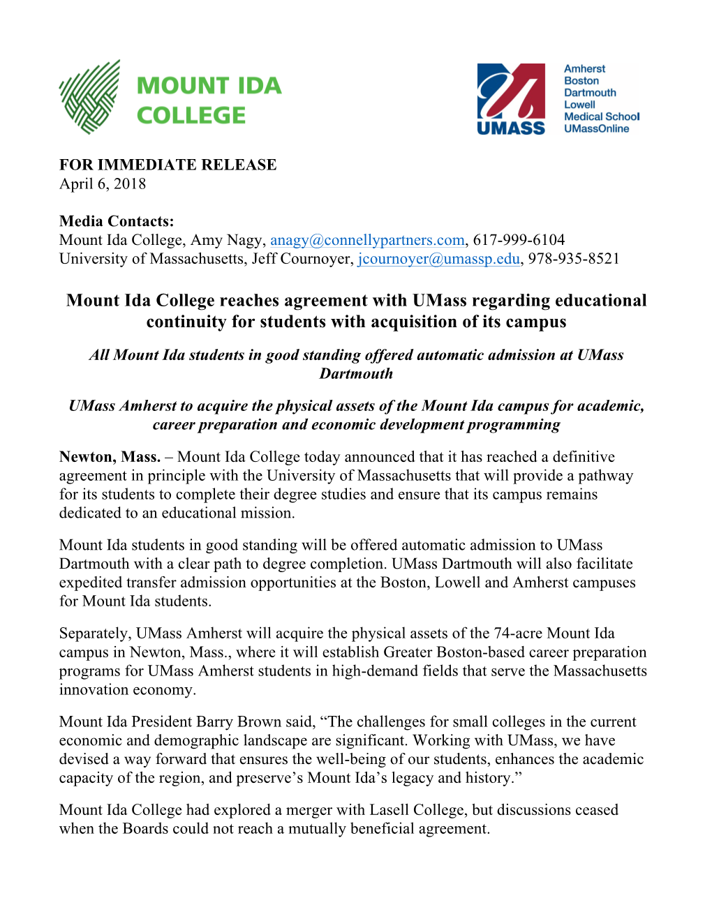 Mount Ida College Reaches Agreement with Umass Regarding Educational Continuity for Students with Acquisition of Its Campus